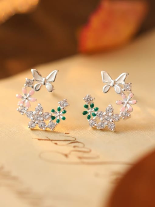 ES1311 [White Gold, White Green Pink] 925 Sterling Silver Enamel Flower Dainty Stud Earring